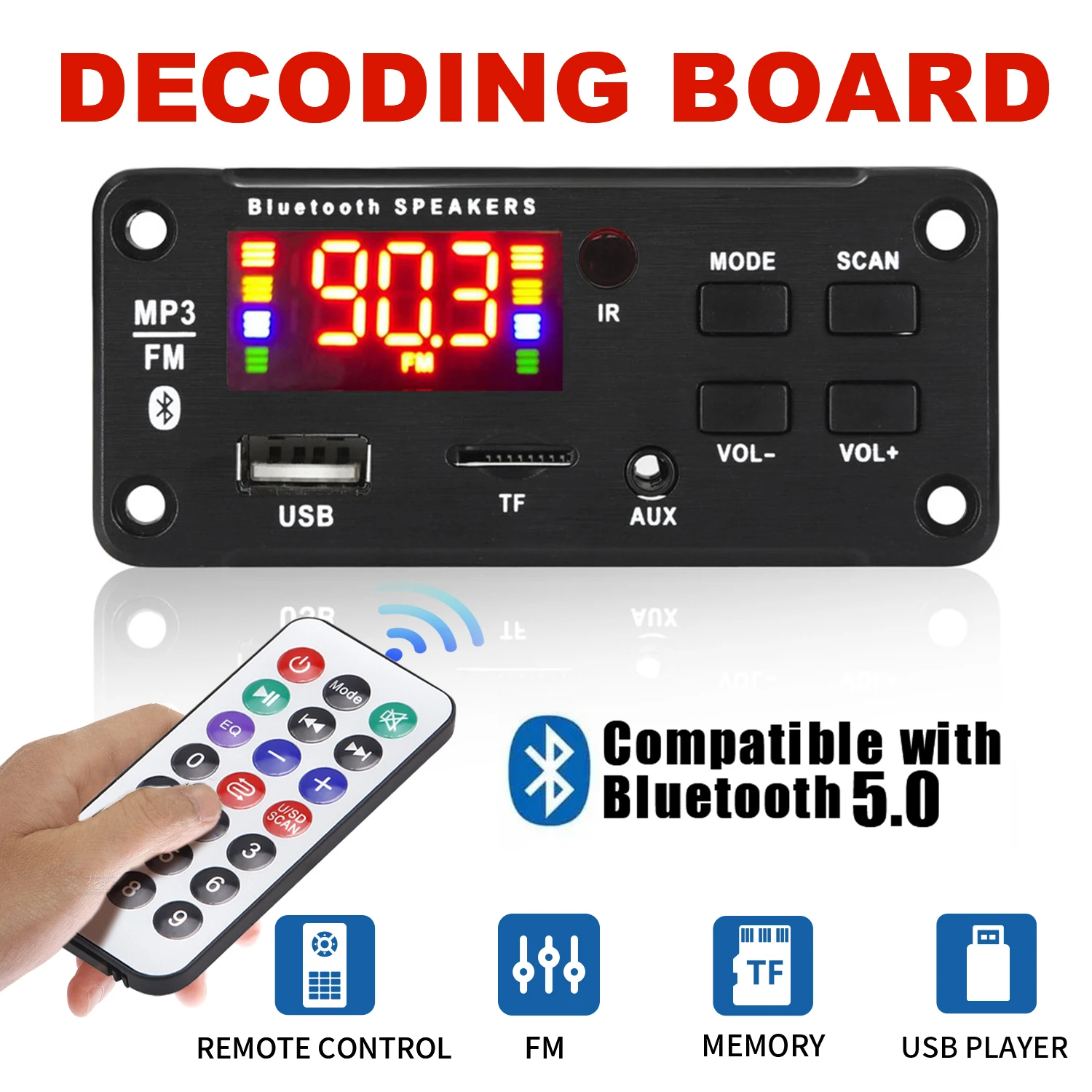 12V MP3 Decoder Board Bluetooth Car Kit USB MP3 Player Support WMA WAV TF Card Slot / USB / FM With Color Screen