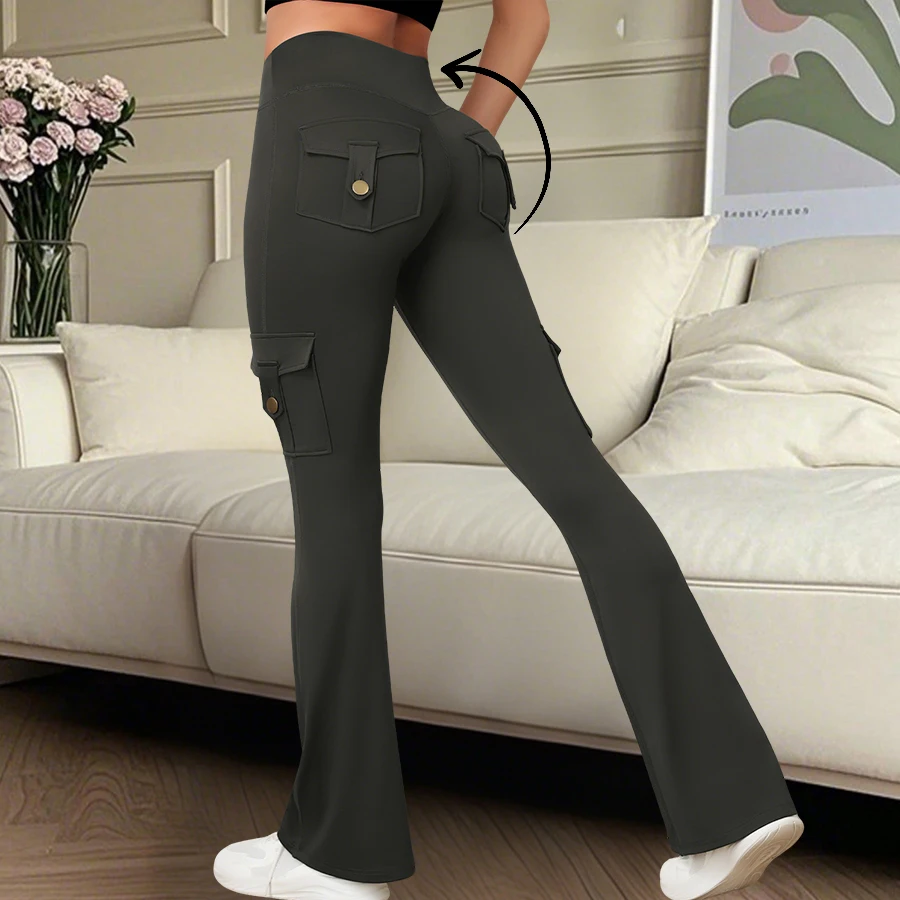 

Women's Cargo Flare Pants with Pockets Butt-Lifting Tummy Control High-Waisted Leggings Solid Color Slim-Fit Pants Streetwear