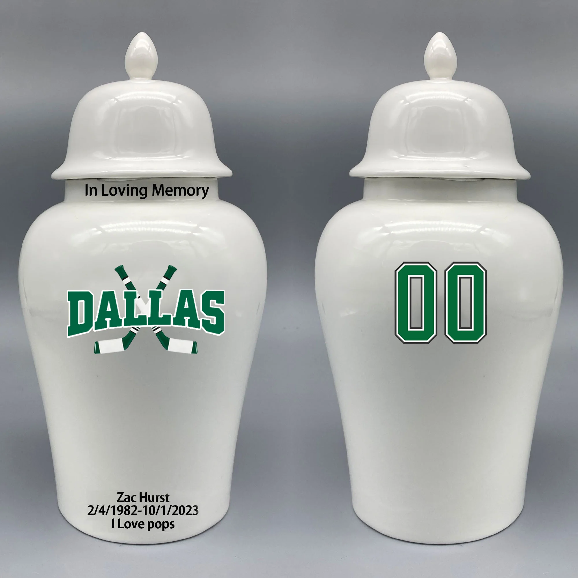 Large Urn for Dallas Stars-themed Hockey Urn.Please send me the customize information-name/date and number on the urn