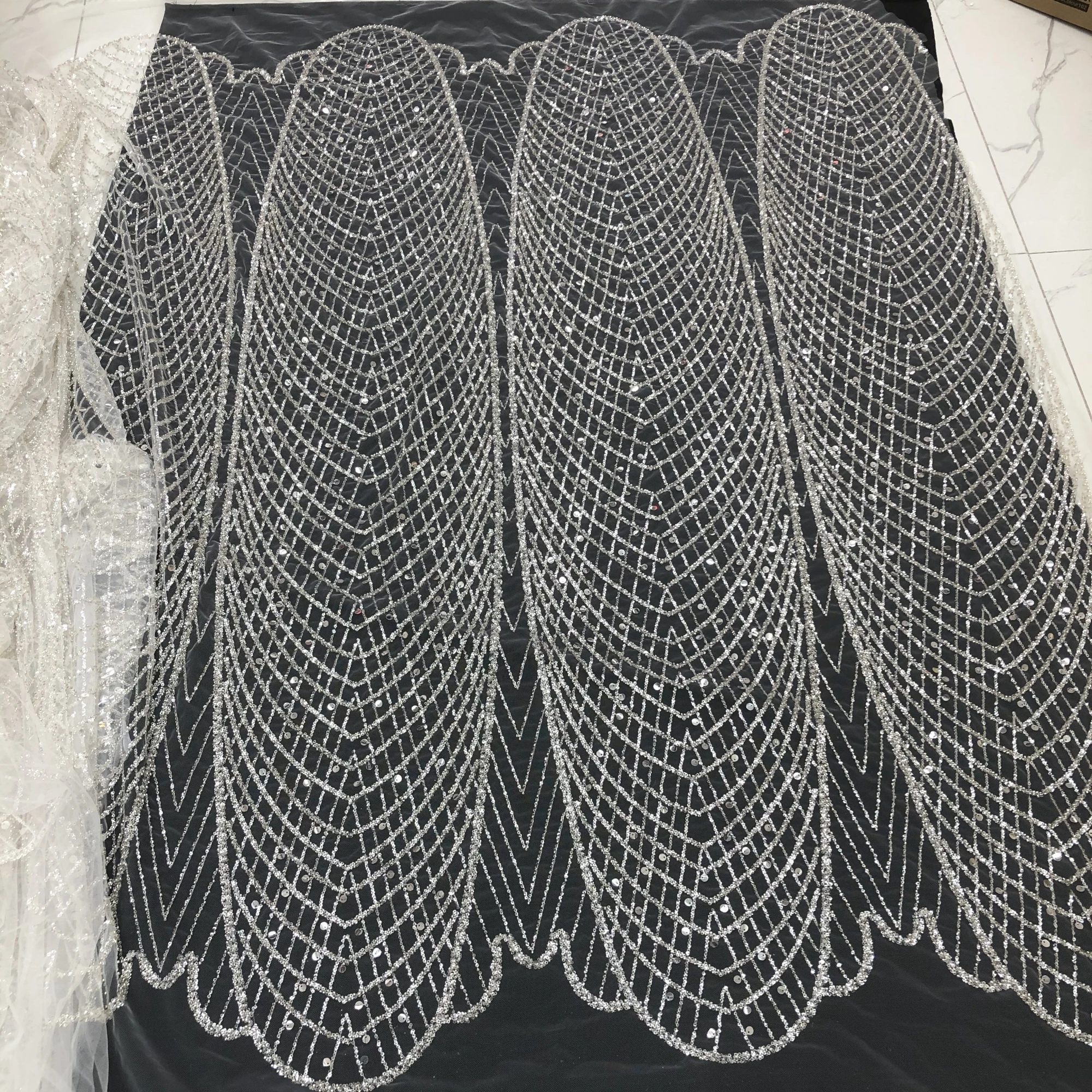 Simple Pattern High Quality Silver Sequin Beads Embroidery Wedding Evening Dress Lace Fabric