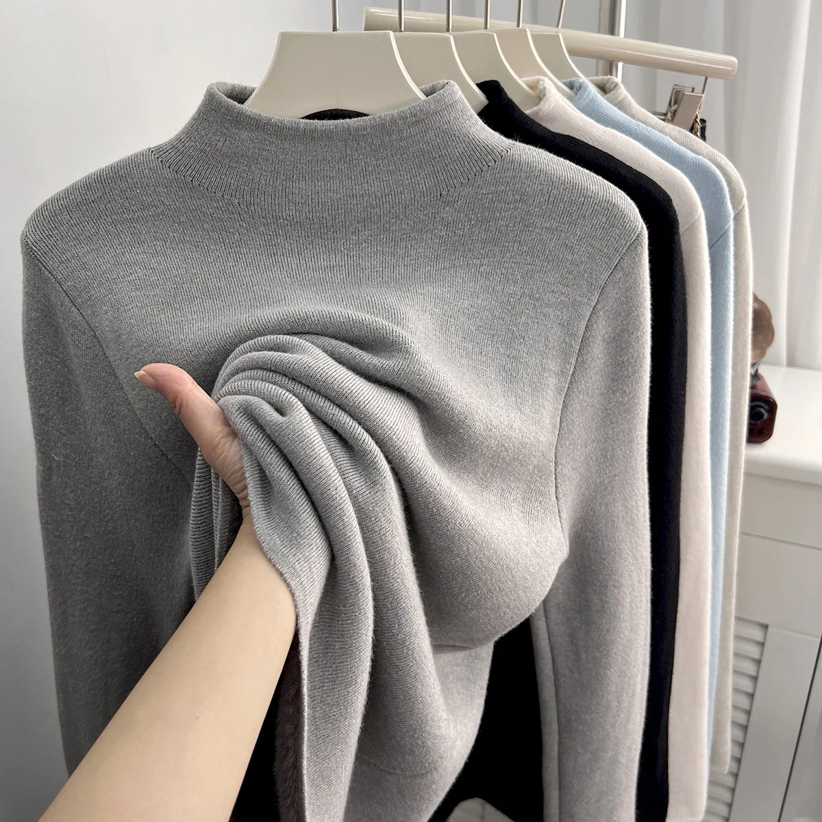 

New solid sweater women Knit Top Fashion Female winter autumn Long sleeve adult clothes Slim S-XL warm velvet mock neck