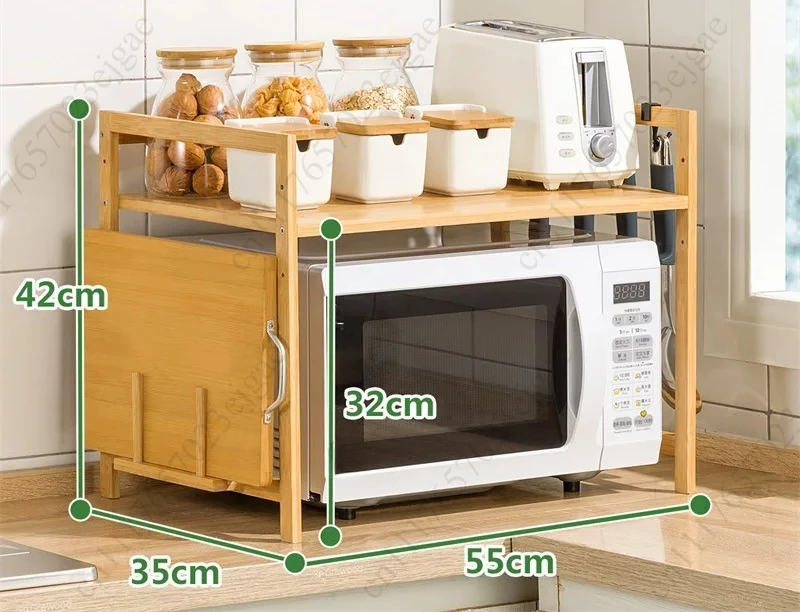 Kitchen Oven Storage Rack 1 Layer Bamboo Adjustable  Countertops Organizer Shelf Hanging Hook Chopping Board Holder