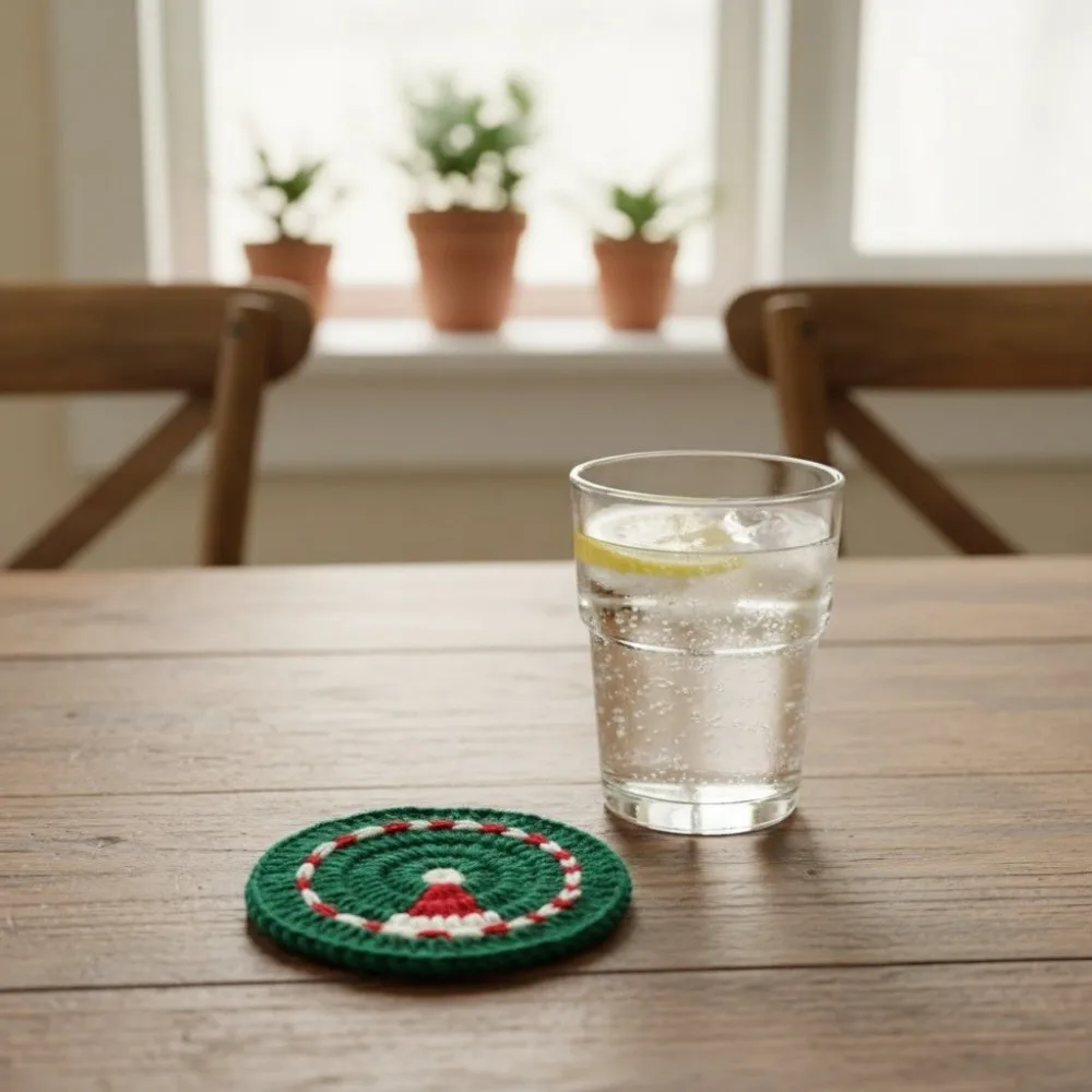 Handmade Christmas Crochet Coaster Round Non-slip Coffee Mug Pad Christmas Tree Snowman Pattern Heat-resistant