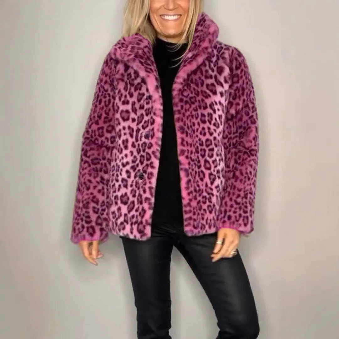 معطف نسائي من الفرو الصناعي بطباعة الفهد من Faionable بياقة واقفة وطول طويل Sve ort فضفاض مناسب للشتاء وصل حديثًا