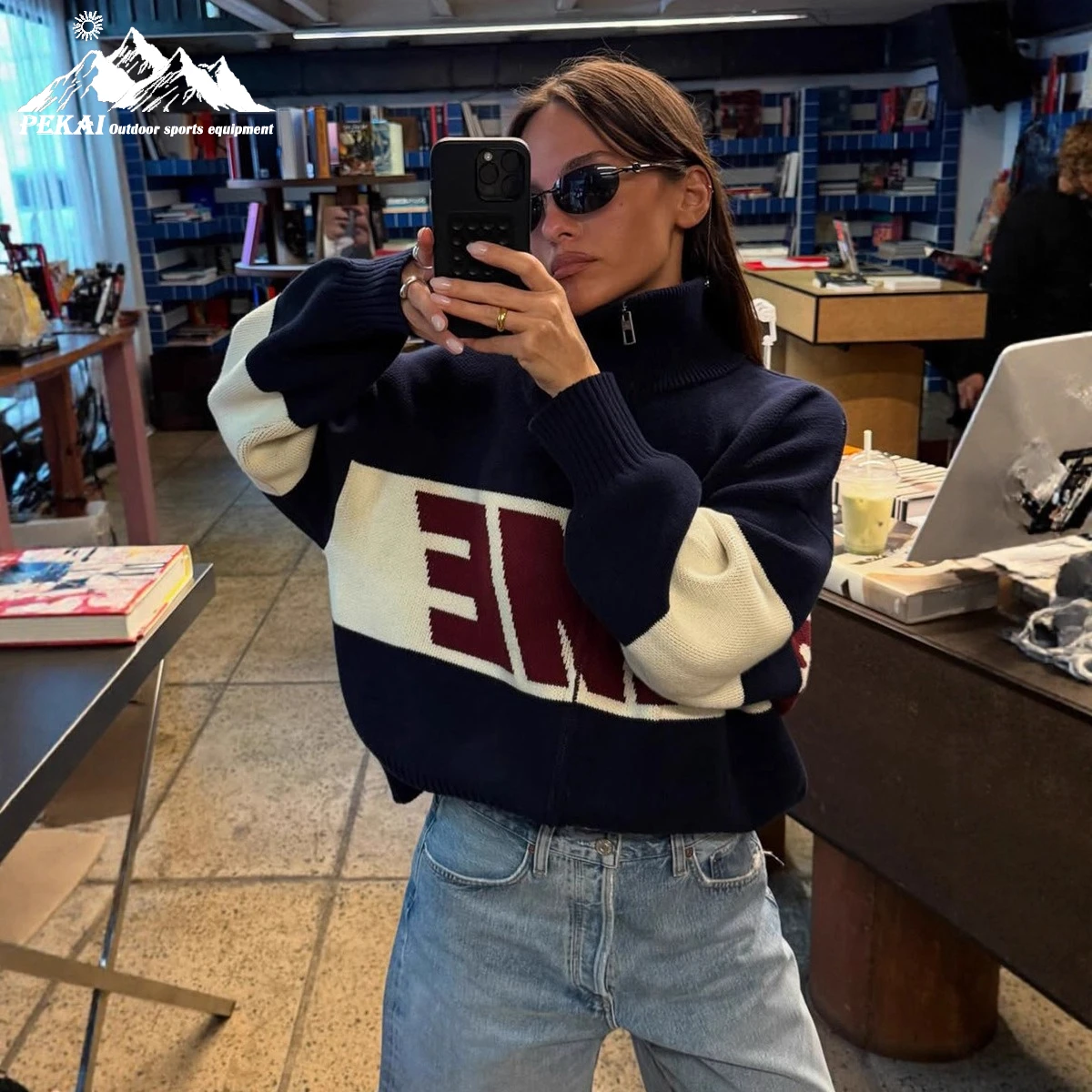 

Жаккардовый кардиган с алфавитом, шерстяной вязаный свитер, европейская и американская осенне-зимняя новая коллекция, свитер на молнии с воротником