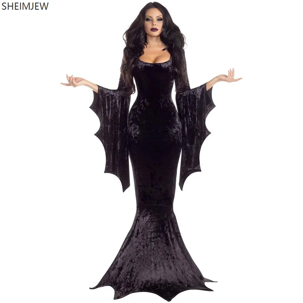

Wicked Witchcraft Costume Witch Long Tail Dress Cosplay Halloween Horror Vampire Gothic Robe Adult Bat Sleeve Fine Velvet Gown