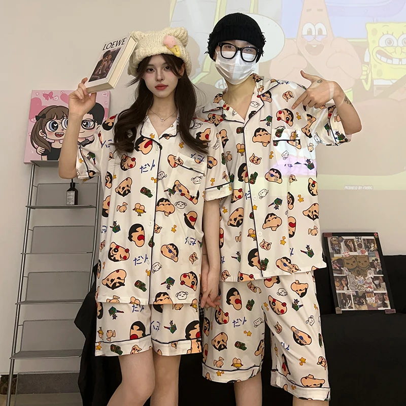 Kawaii Cartoon Pajama Set Crayon Shin-Chan Cute Anime Shin-Chan Summer Home Set Clothes Soft Comfortable Creative Girl Gifts