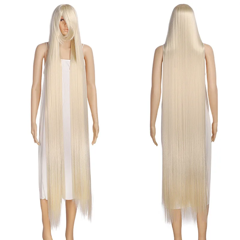 Peluca recta larga sintética, pelo de fibra gruesa de 150CM, disfraz de Cosplay, pelucas resistentes al calor para fiesta de Halloween, negro, blanco, rojo y amarillo