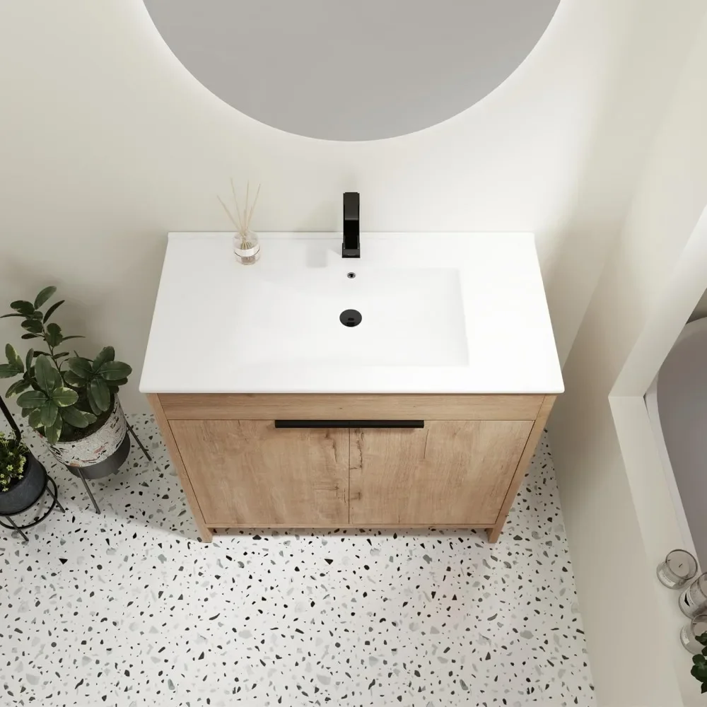 Bathroom Vanity with Sink Mid-Century Bathroom Vanities with Top Basin Floor Wood Bathroom Sink Cabinet with