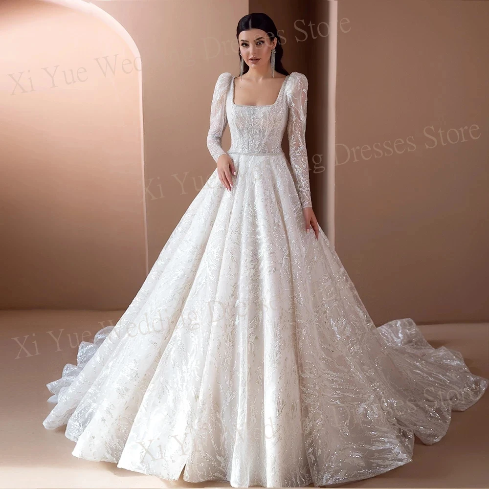 Vestidos De novia elegantes con cuello cuadrado, vestidos De novia con lentejuelas brillantes, corte en A, princesa, mangas largas, batas De boda personalizadas 2025