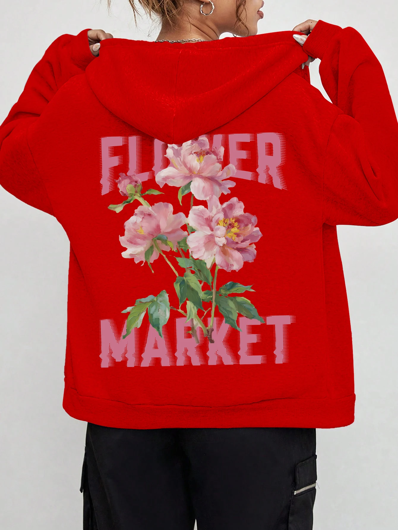 

Красивые толстовки на молнии с принтом цветочного рынка, женская модная толстовка в стиле хип-хоп, повседневная свободная женская толстовка с флисовым карманом, уличная одежда