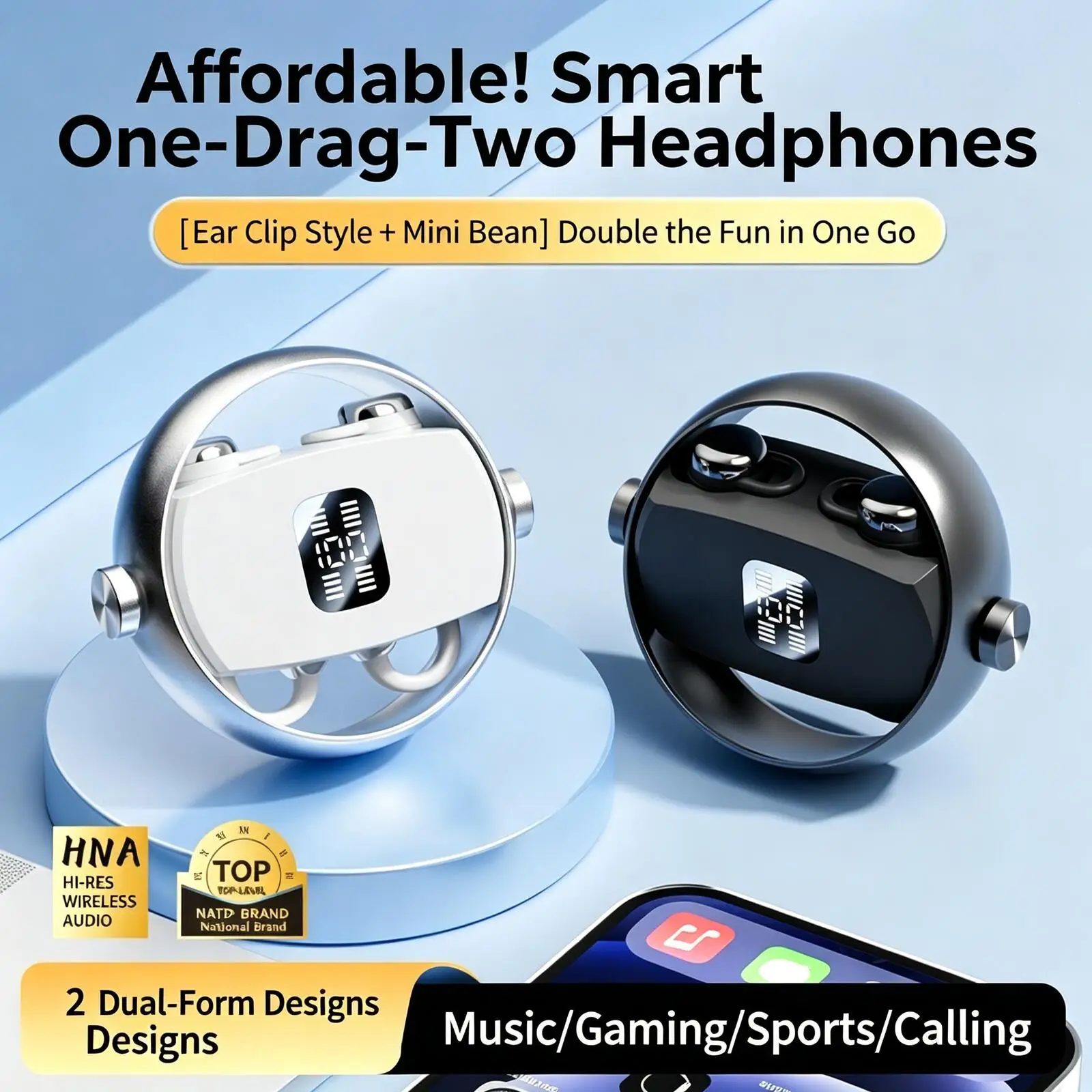 

2 in 1 Bluetooth Wireless Earphones Rotating Earbud Case In-Ear Noise Reduction Ear-Clip Secure Fit For Sport Music Couple Gift