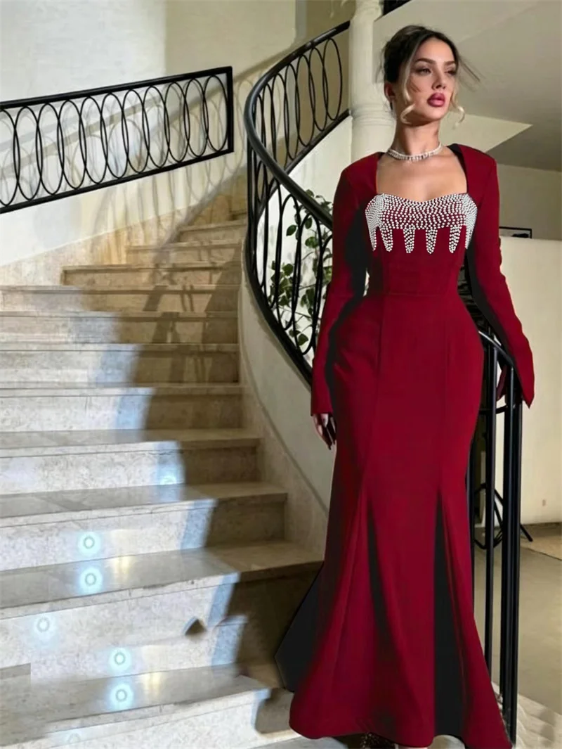 Sexy Red Prom Dress Square Neck Beaded Long Sleeve Fitted Mermaid Party Gown Floor Length Formal Evening Cocktail Wedding Robe