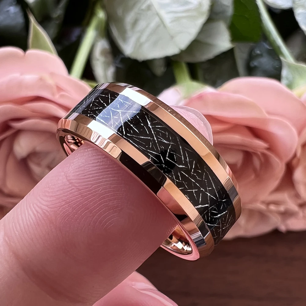 8mm Wholesale Meteorite Inlay Tungsten Ring Men Women Fashion Engagement Wedding Band Beveled Polished Shiny Jewelry – Detail 4