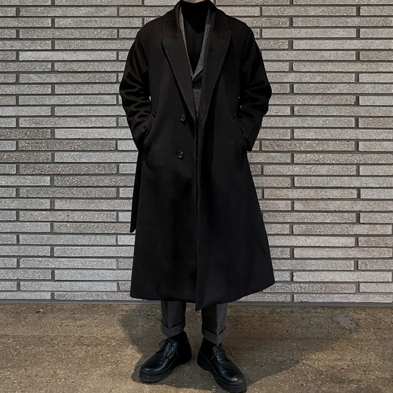 

Korean Chic Men's Thiened Long Woolen Coat Casual Loose Bla Trench Coat Youthful Energy Sle Mid-Length Notch Lapel