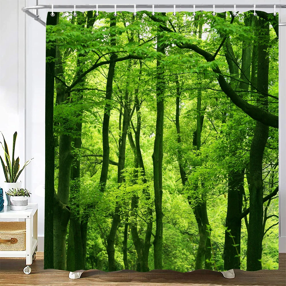 Cortina de ducha moderna con estampado 3D de bosque, cortina de baño de paisaje de árbol de plantas verdes con ganchos para baño, paisaje impermeable