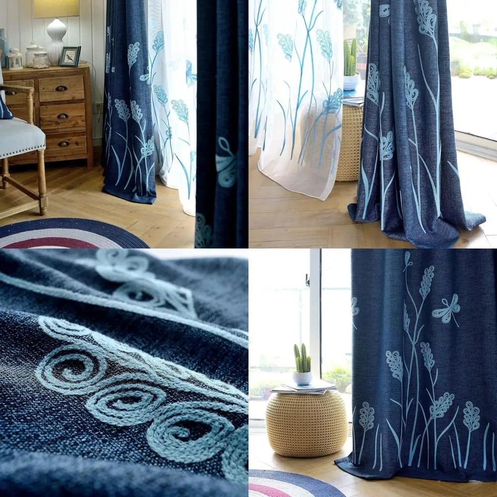 

Льняная занавеска в стиле фермерского дома с цветочным узором для двери патио, синяя пшеница/темно-синяя, 100x96, 1 панель
