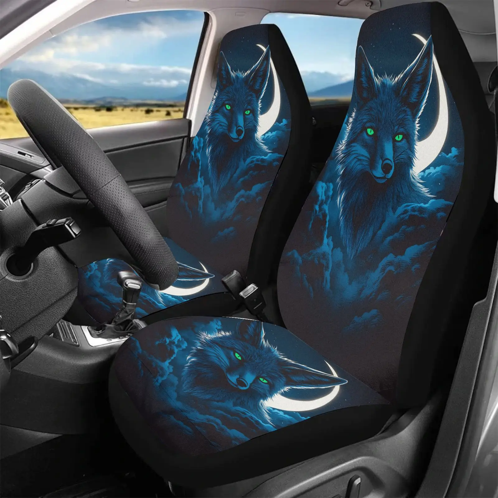 Car Seat Covers Blue Wolf With Moon And Stars Pattern For Car Interior Decoration