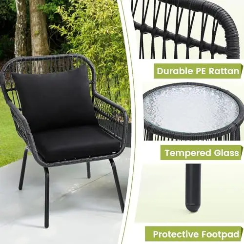 3-Piece Rattan Wicker Bistro Set, Outdoor Conversation Set with Glass Top Table, Black