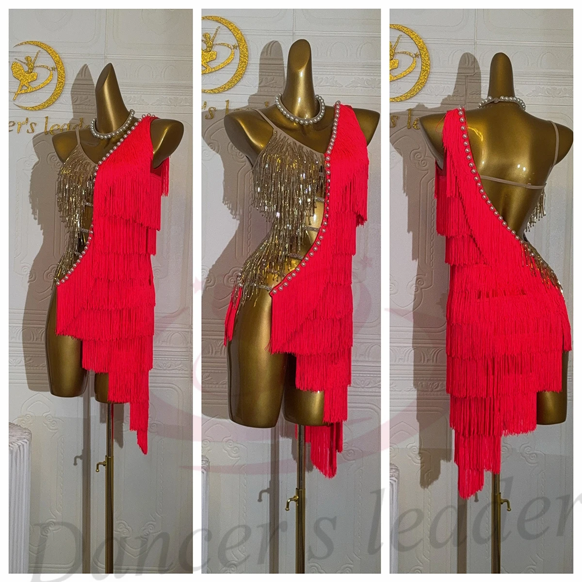 Latin dansers, volwassenen, kinderen, hoogwaardige op maat gemaakte holle splitsing parel kwastje tango samba ab steen prestatie jurk