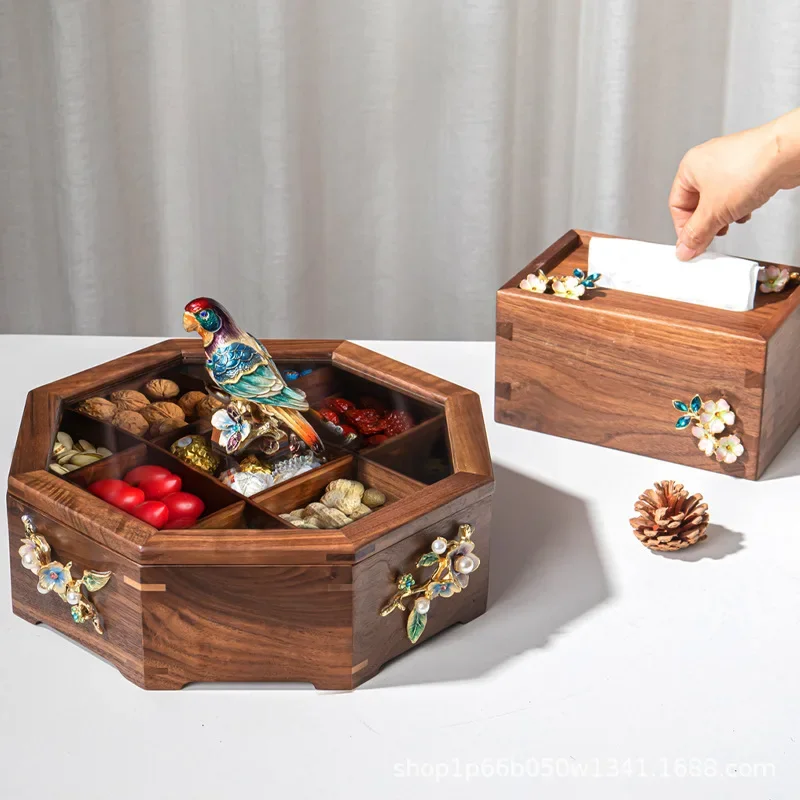 Chinese style, living room solid wood nut plate, with lid, household candy, fruit, coffee table compartment storage box