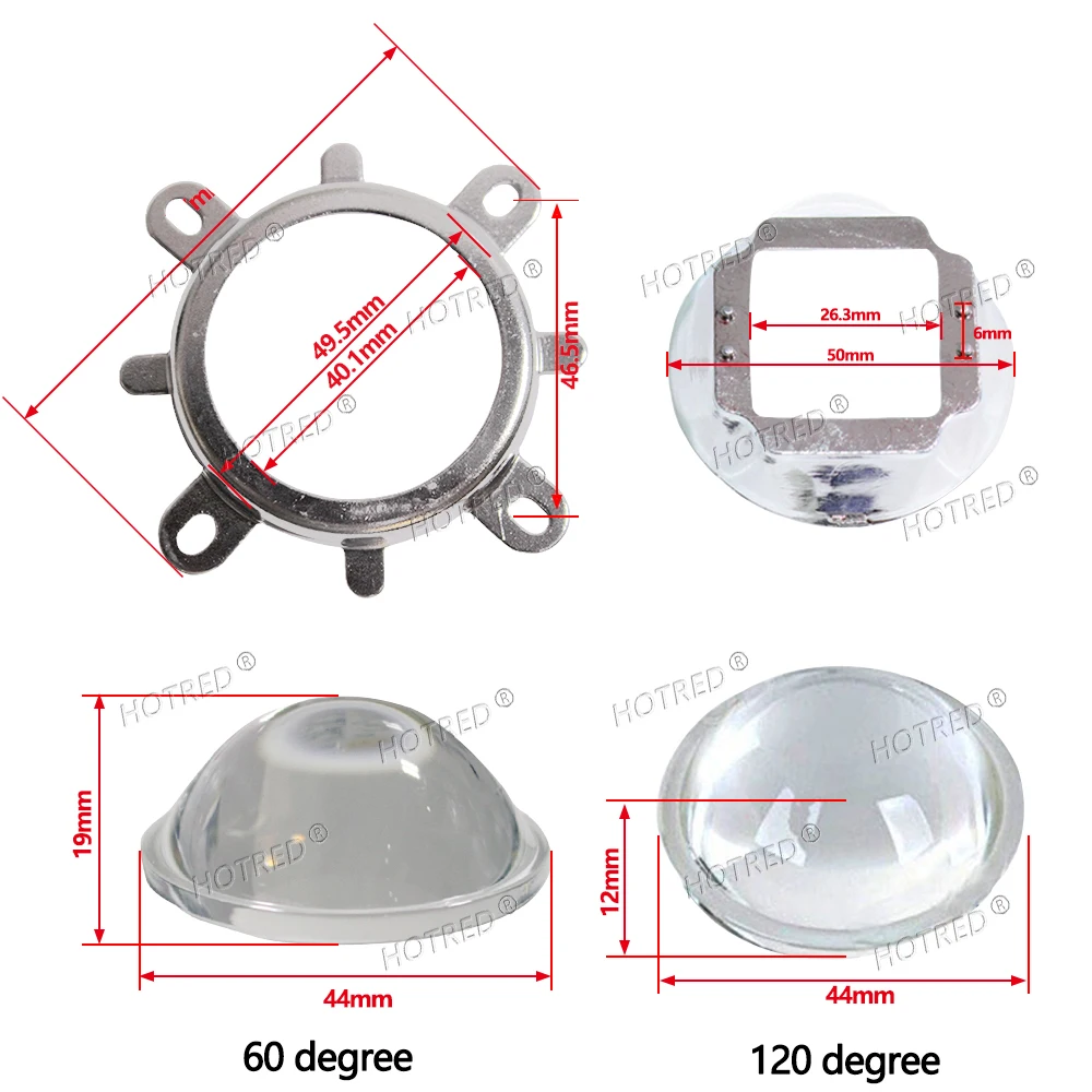 1 Juego de lentes LED de 44mm con enfoque de vidrio óptico de 60 y 120 grados + colimador reflector de 50mm + soporte fijo para LED COB de 20W 30W
