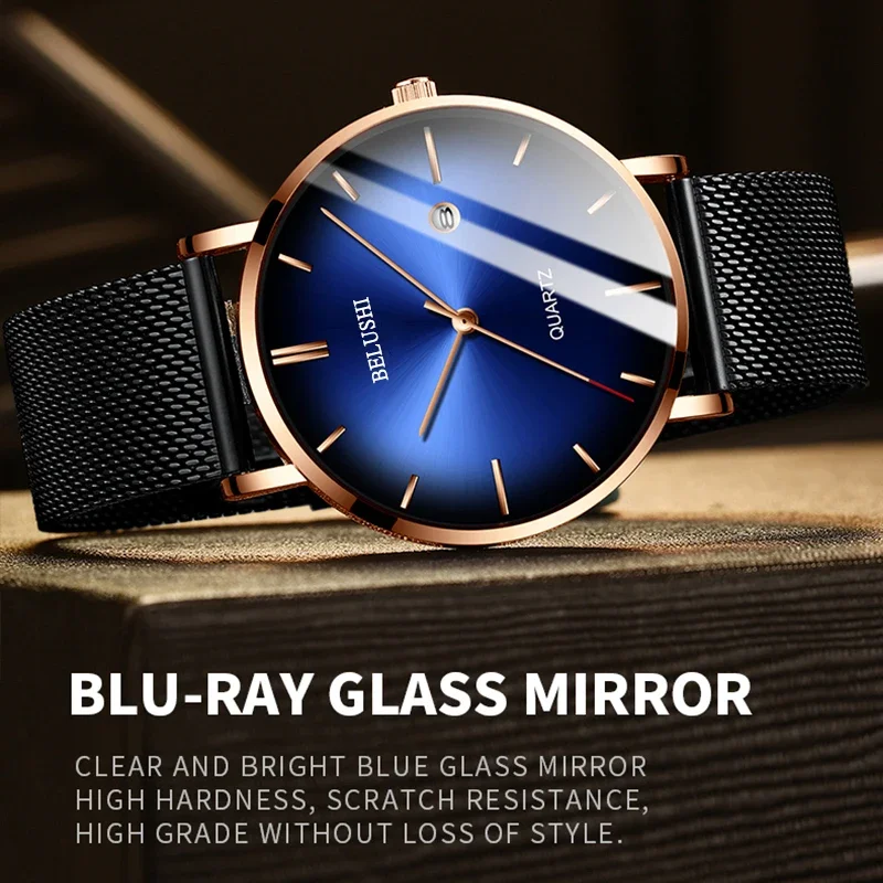 

BELUSHI Fashion Mens Watches Top Brand Luxury Slim Steel Mesh Quartz Watch Men Business Waterproof Analog Wrist Watch Male Clock