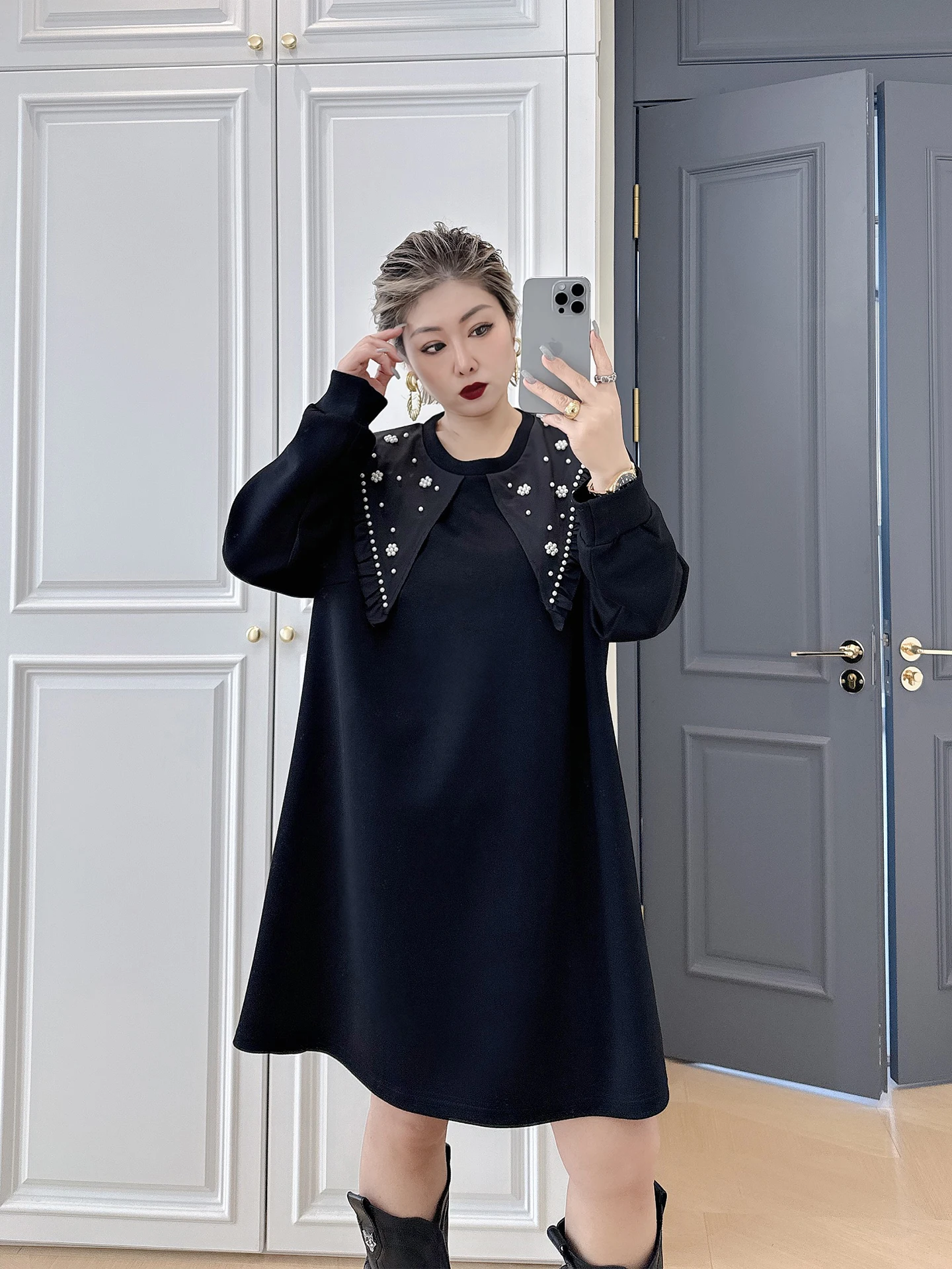 

Korean Sle Large Collar Long Sve Women's Dr Casual Loose irt Dr for plus Size Ladies over 200 Pou