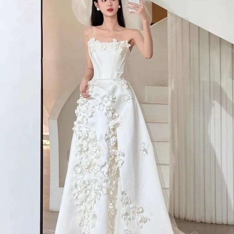 

Satin Wedding Dresses Women White 3D Flower Photos Shoot Dress Bridal Gowns Customized A Line French Prom Dress Vestido Novia