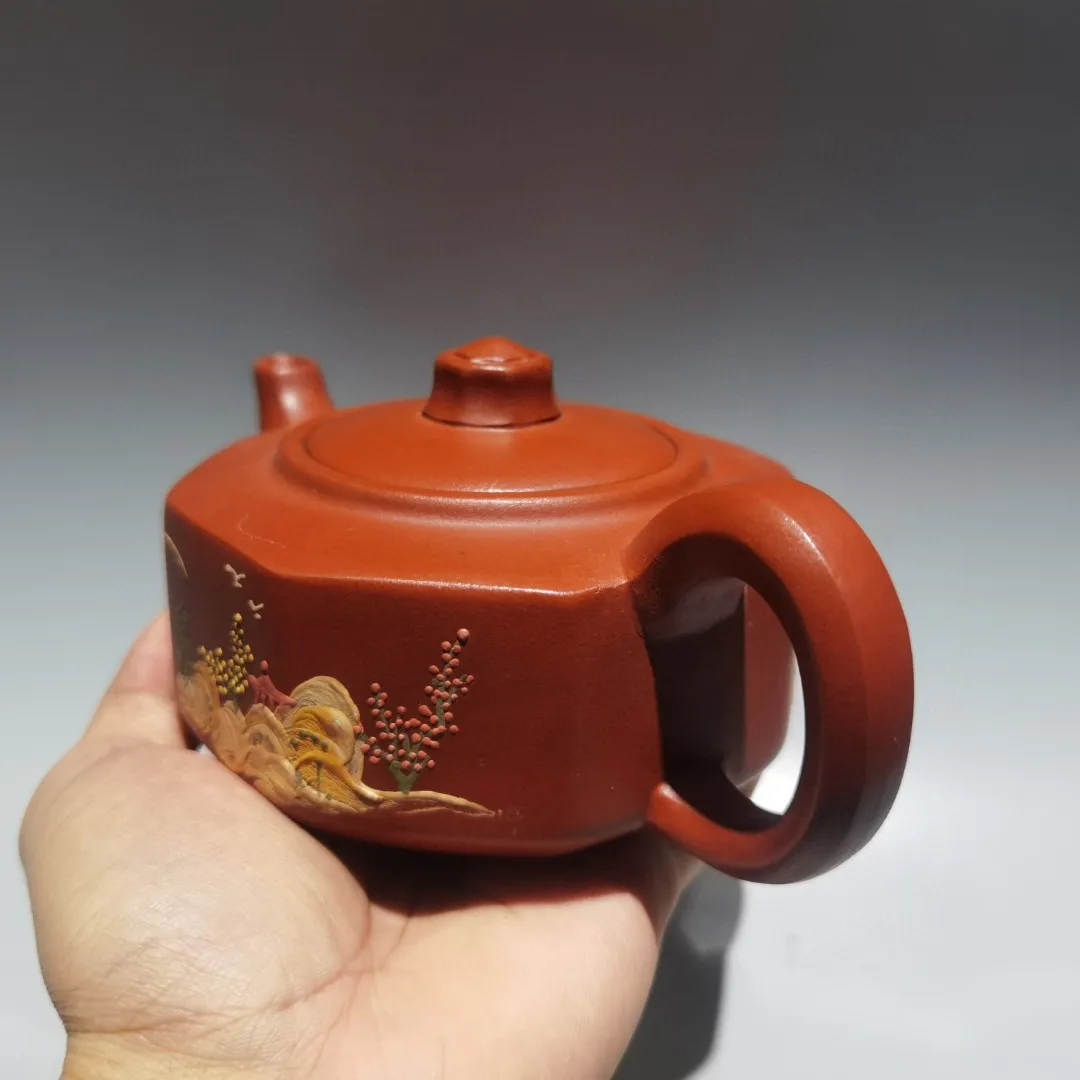 Old Yixing Purple Clay Teapot Raw Red Clay Mud painting Landscape pattern Eight sided teapot Kettle Teapot Flagon