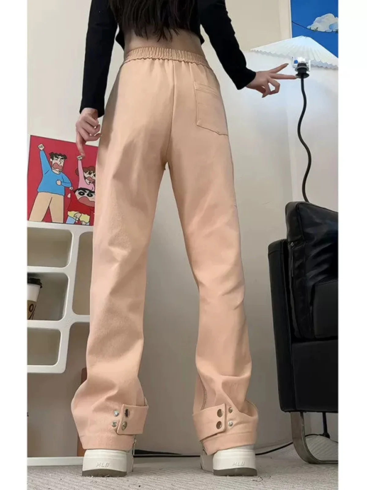 

American High Street Light Pink Men's Casual Pants Zipper Design High Waist Slim Long Straight Leg Spring Autumn Faion Trou...