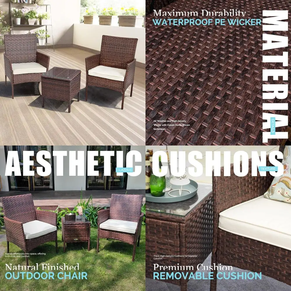 

Outdoor Patio Furniture Set with 3 Rattan Wicker Chairs and Coffee Table, Mix Brown