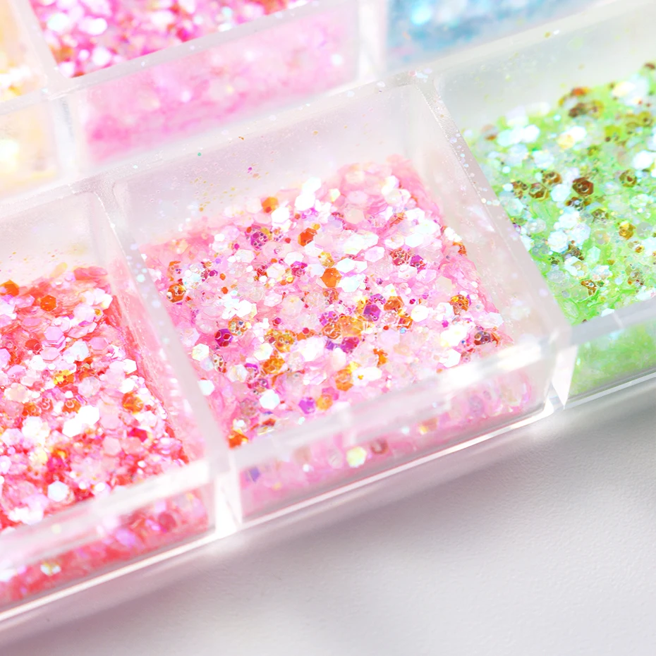 Pó de glitter para unhas 3d, sereia, iridescente, cristal colorido, brilhante, arte de unha, flocos holográficos, lantejoulas hexagonais, decorações de unhas