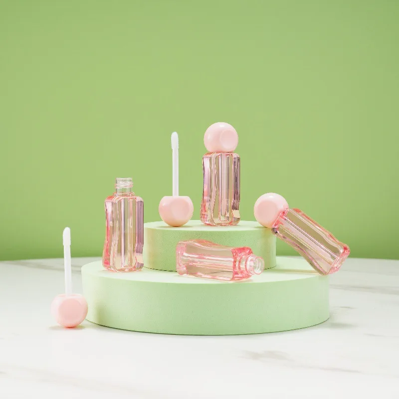 Empty Lip Gloss Tubes 3ML Wavy Pink Transparent Lip Oil Bottles With Round Cap DIY Cosmetic Sample Packaging Containers