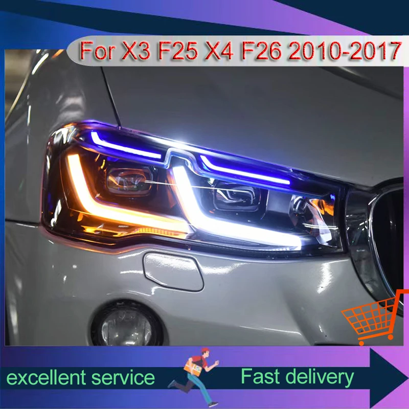 

Автомобильная фара для BMW X3 F25 X4 F26 2010-2017, автомобильные аксессуары, ремонт светодиодов DRL, двойной объектив, двойной цвет, указатель поворота, передняя лампа