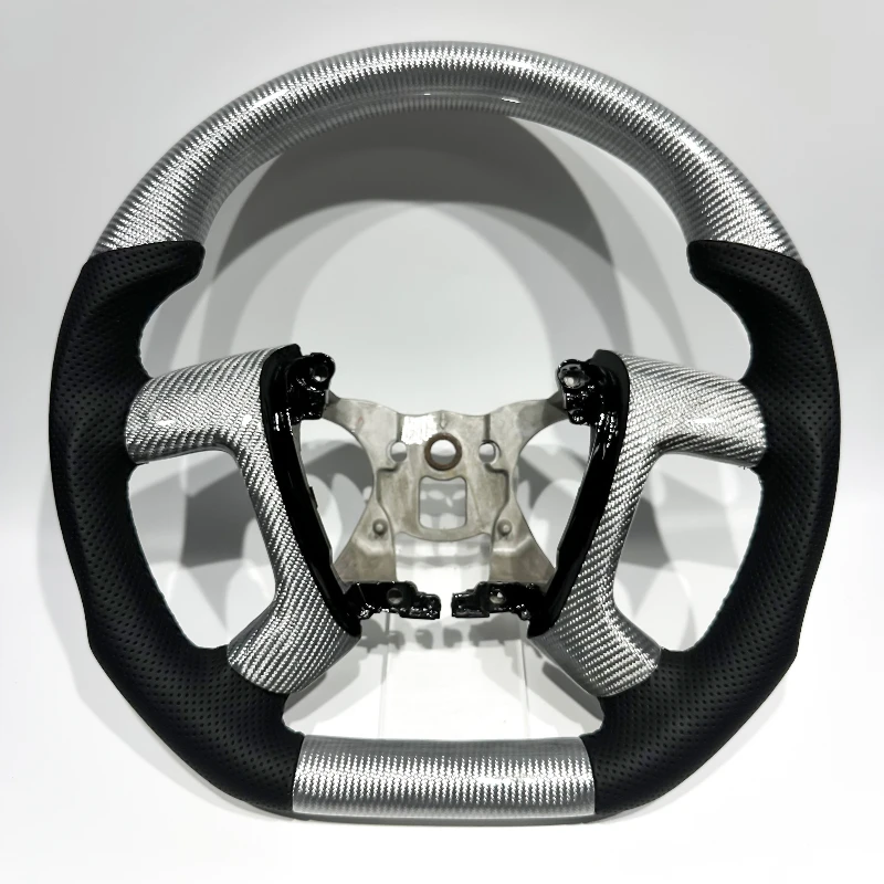 Real Silver Carbon Fiber Black Perforated Leather Custom Sports Steering Wheel for Old Model Chevrolet Silverado 1500 2006-2014