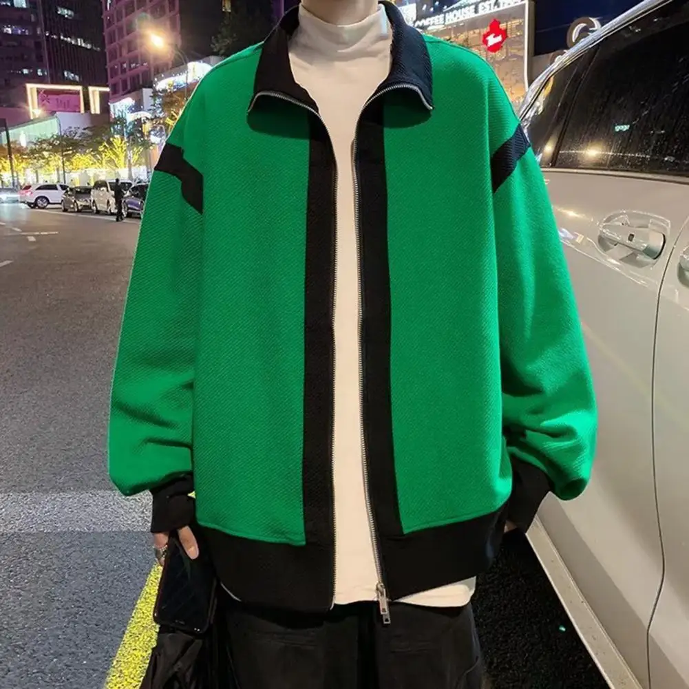 

Winter Men Coat Colorblock Stand Collar Jacket Slant Striped Texture Zipper Closure Outerwear Mid Length Long Sleeve Loose Coat