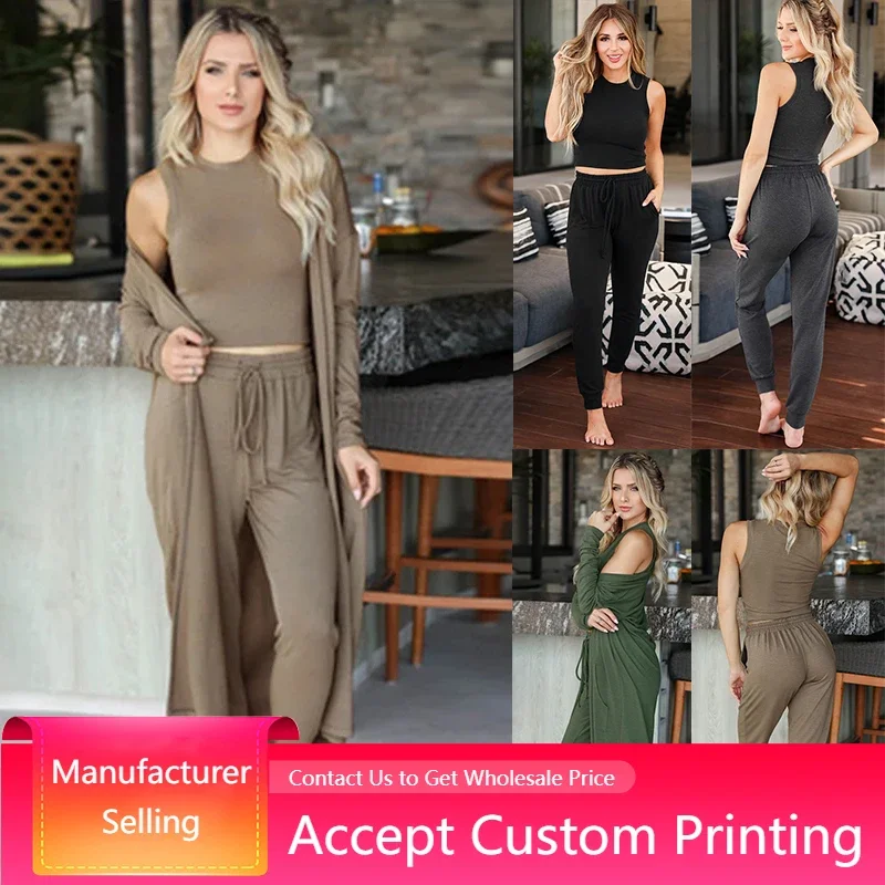 

Women Three Pieces Set Long Sleeve Cardigans Crop Top + Pants Autumn Spring Suit Solid Color Knitted Casual Wea