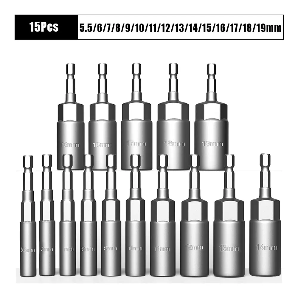 10/15Pcs Length Deepen Impact Socket Adapter 5.5-19mm Power Nut Driver Socket Set 1/4-inch Screwdriver Key Head Hand Tool Set