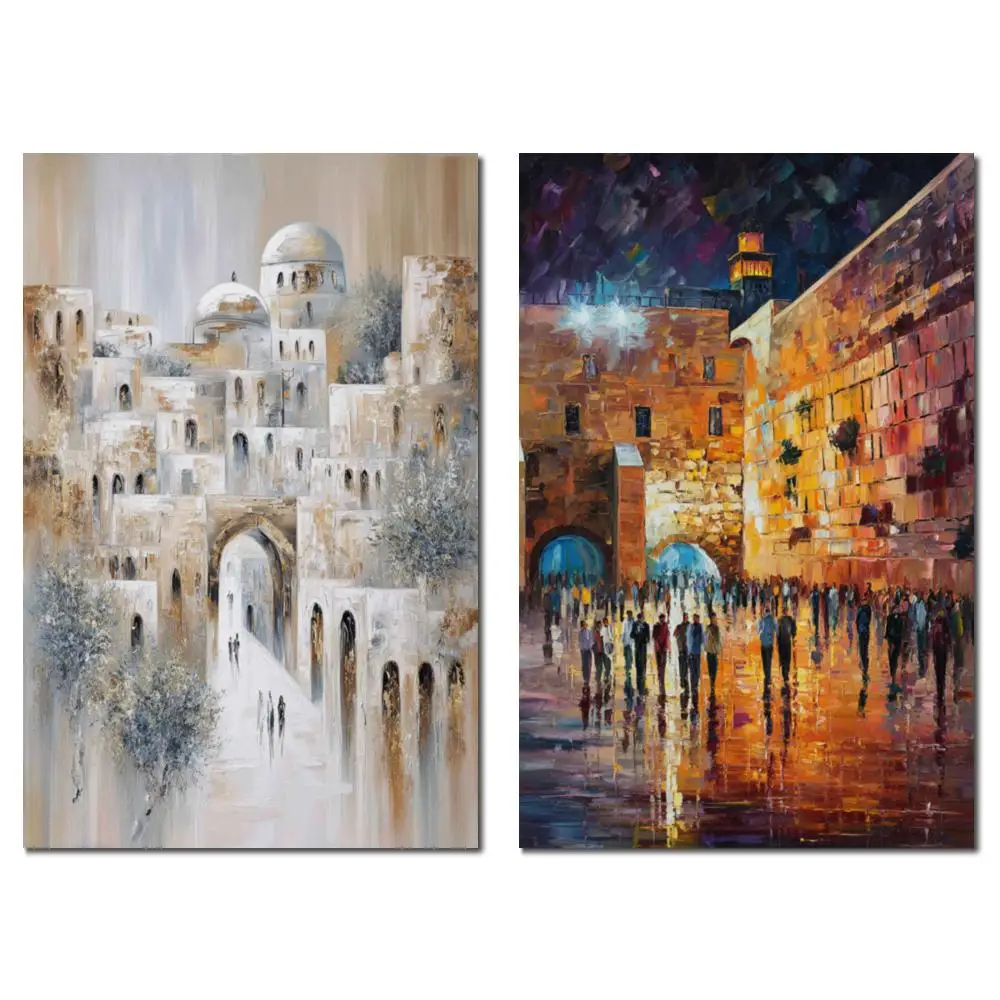 

Jerusalem Cityscape Canvas Art Contemporary Abstract Textured Oil Painting Hand Painted Jewish Art for Dining Room Judaic Gift
