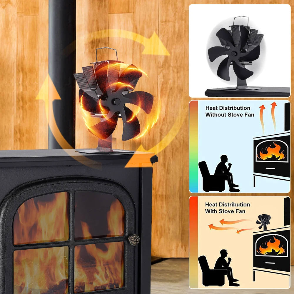 Black Fireplace 6 Blades Heat Powered Stove Fan komin Log Wood Burner Eco Friendly Quiet Fan Home Efficient Heat Distribution