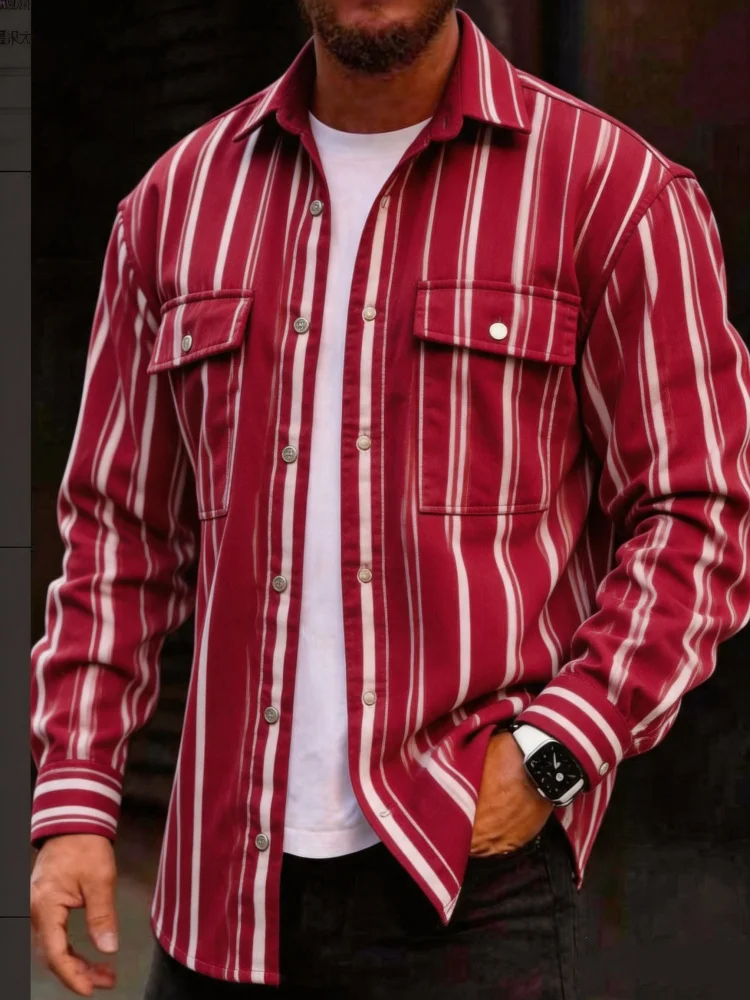 Men's Vertical White Stripe Print Fake Denim Long Sleeve Shirt Red Base Lapel Button Down Double Chest Pocket Casual Street Top