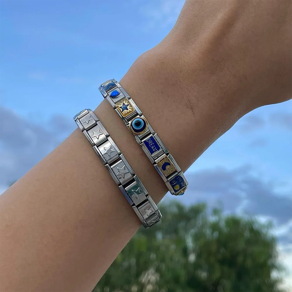 Semkeiyee Occhi diabolici Demone Luna Stella Cuore Bracciale a maglie con ciondoli italiani Misura bracciale italiano da 9 mm che realizza gioielli