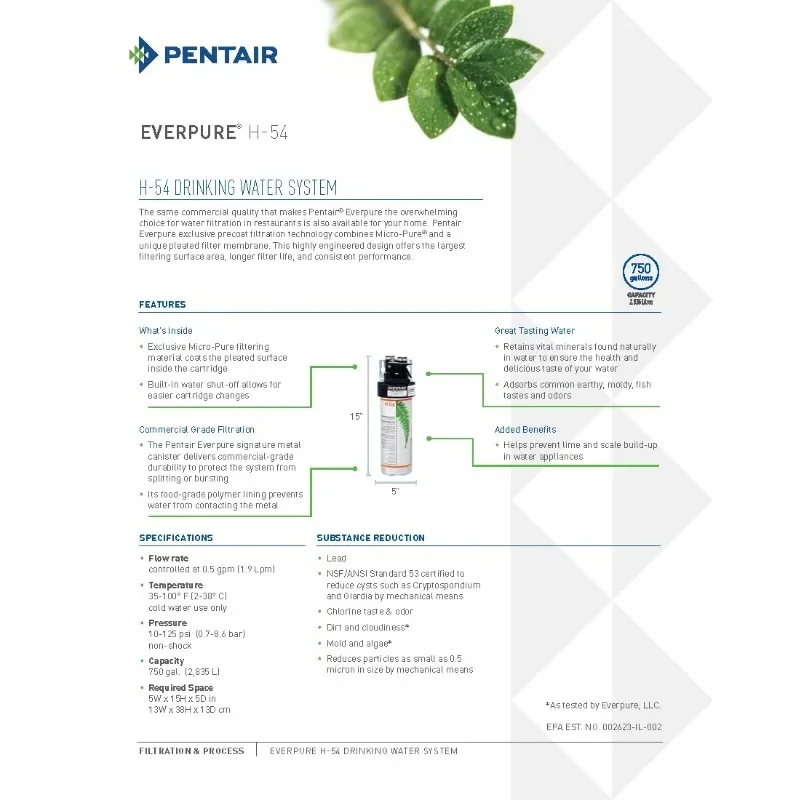 Sistema de agua potable Pentair Everpure H-54, EV 925267 , Incluye cabezal de filtro, cartucho de filtro, todos los herrajes y conectores