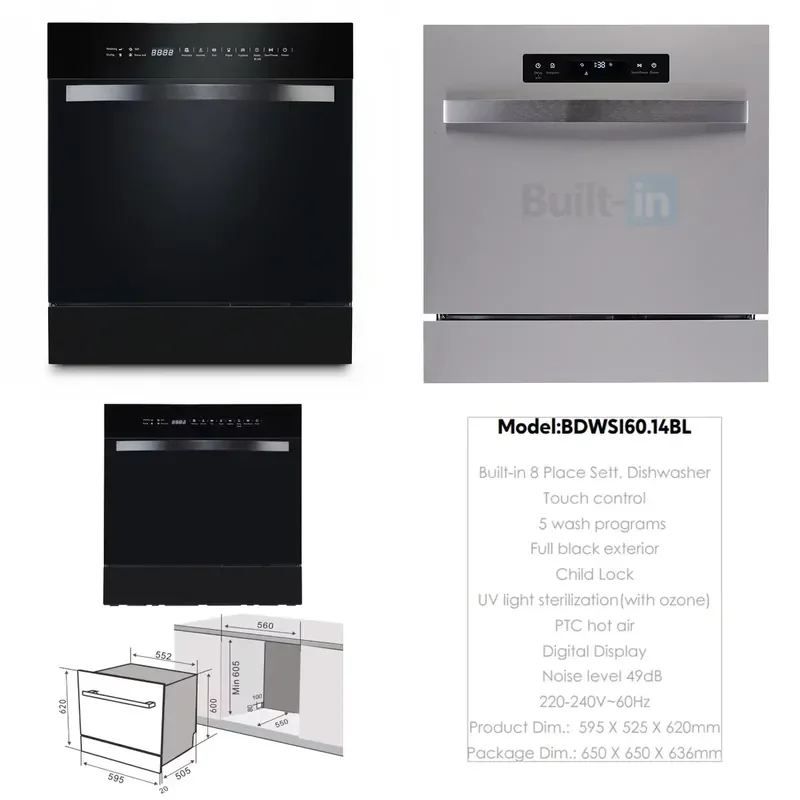 for Built-In Dishwasher 8 Place Settings Stainless Steel Integrated Dishwashing Machine Compact 595x525x620mm Premium Quality
