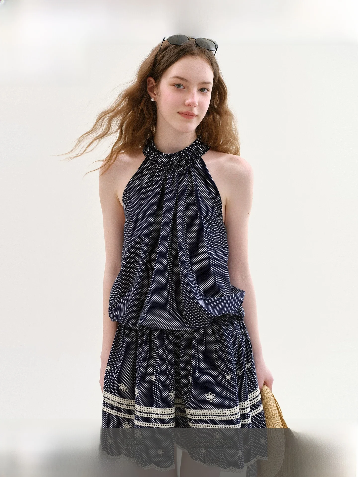 

Fano American Holiday Style Fake Two-Piece Dress Women's Summer Polka Dot Hanging Necklet Flower Bud Skirt Cotton Simple