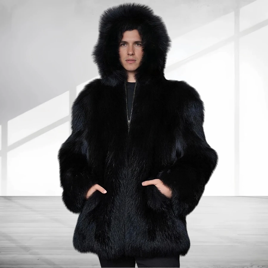 Real Fox Fur Coat With Lapel Natural Full Skin Fox Fur Coat Men's Long Black Fur Jackets High Quality Genuine Leather Jackets