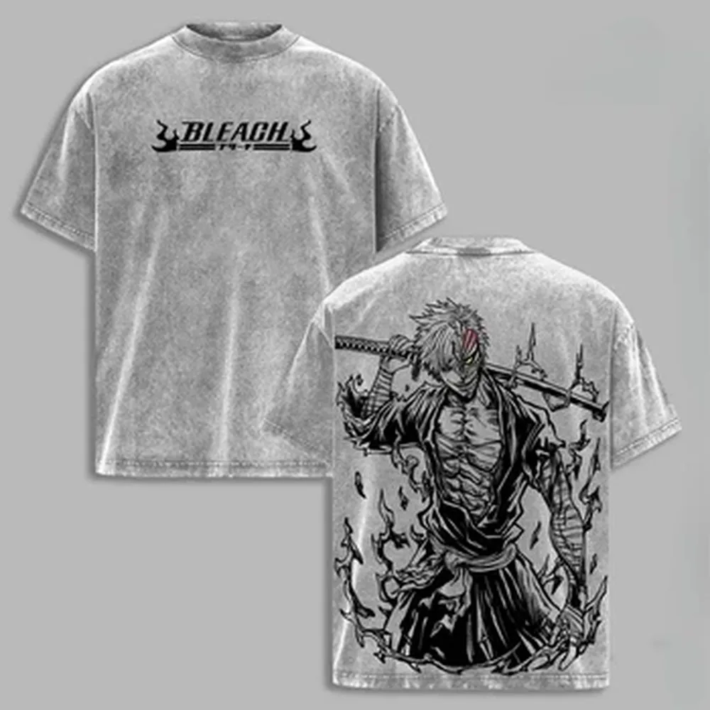 Camiseta Vintage Lavada con Estampado Gráfico de Ichigo Kurosaki de Manga BLEACH, Camiseta Oversize para Hombre y Mujer, Ropa de Algodón de Manga Corta