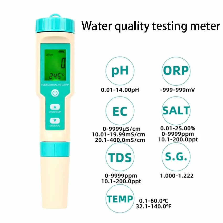 7-in-1 Water Quality test Pen PH/TDS/EC/ Salinity /SG/ORP/ Temperature Portable Multi-functional ph test Pen