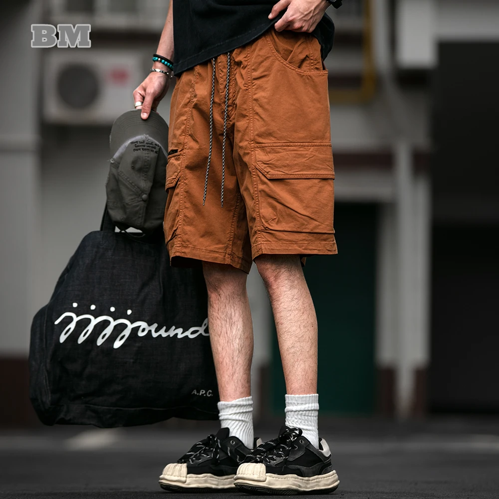 Korean Cargo Shorts Men Summer 5 Inch Pants Loose Fit Outdoor Multi Pocket Casual Drawstring Big Size Trendy Sporty Workwear